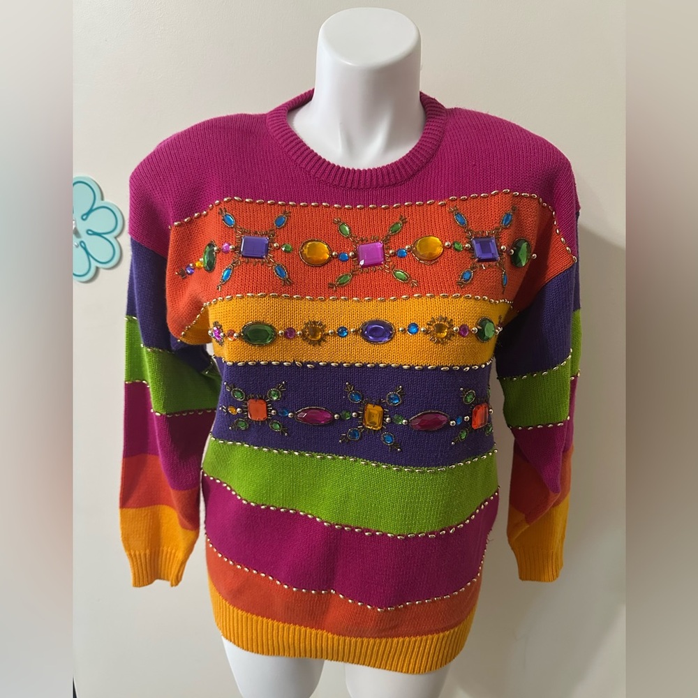 Vintage 90’s IB Diffusion L Multicolor Beaded Tunic Sweater Striped
Shoulder Pad